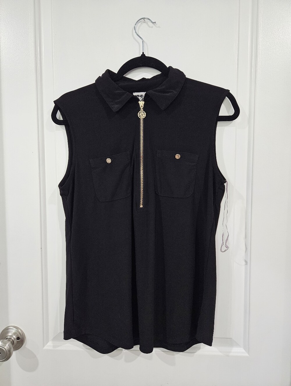 Anne Klein Sleeveless Black Zip Collar Top